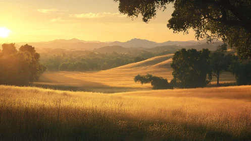 Golden-hour valley landscape renders atmospheric depth and light