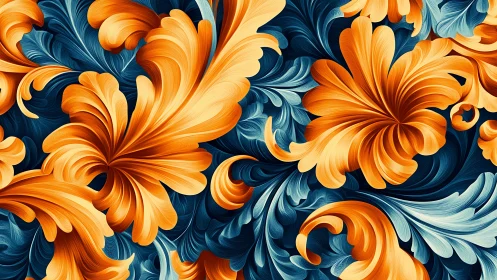 Baroque floral swirl pattern in orange and teal motion.