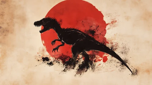 Roaring raptor silhouette before blood-red sun burst.