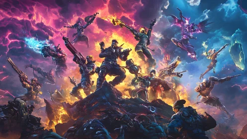 Stormlit gunfighters clash in a neon-charged cosmic uprising.