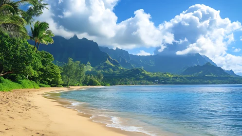 Tropical Paradise Beach with Lush Green Mountains