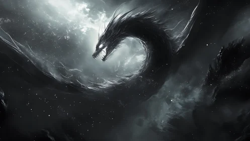 Midnight sky serpent coiled in a storm of starlight.