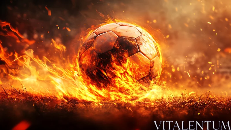 Burning soccer ball rolls through blazing grass field