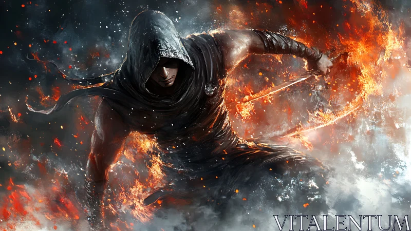 Hooded fire assassin carving molten arcs through smoke.