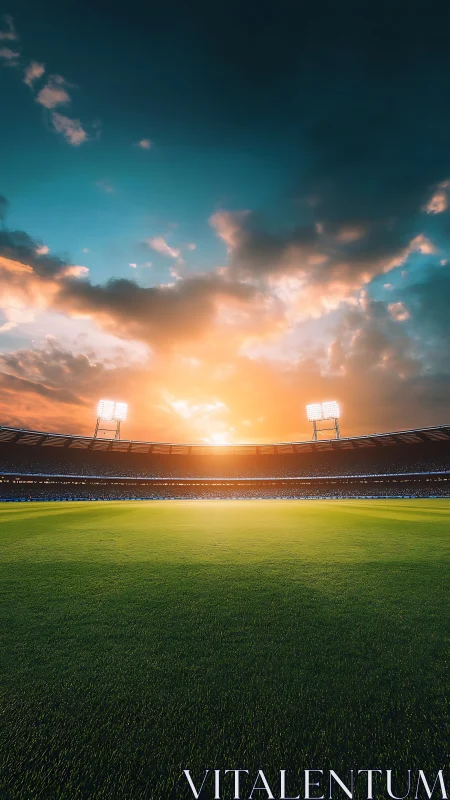 Sunlit stadium field under dramatic glowing evening sky.