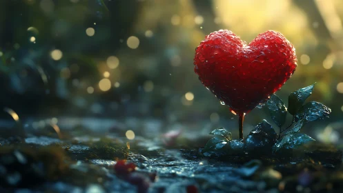 Red heart-shaped object with water droplets on moss surface.