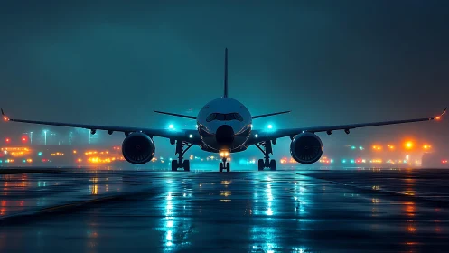 Midnight airliner waits on a glowing rain-soaked runway.