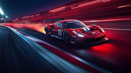 Red race car glowing with speed on a neon lit night track.