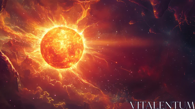 Stellar plasma sphere emits radial flares in dense red nebula