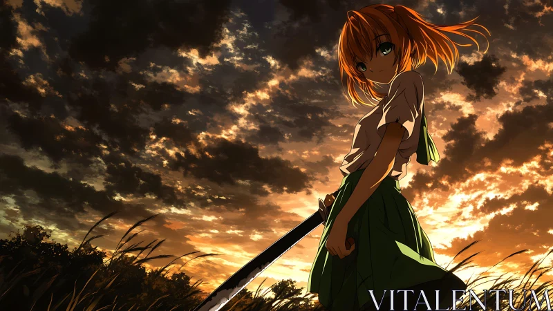 Sunset-lit anime swordswoman in windswept field, low angle