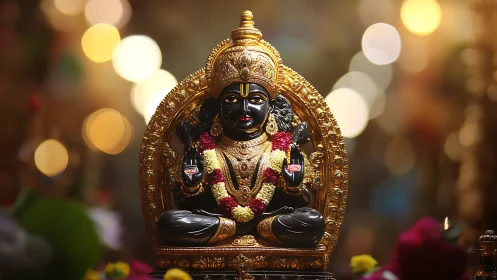 Gilded Hindu deity statue glowing amid soft temple bokeh.