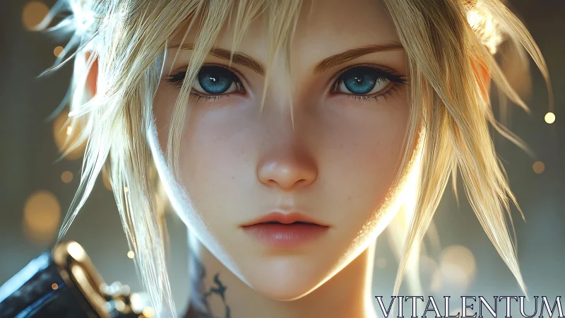 Blond anime character close-up portrait with blue eyes detail.