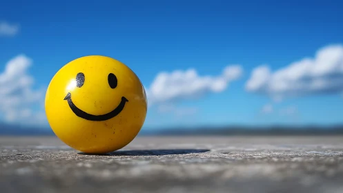 Sunny yellow smiley ball brightening a wide blue sky day.