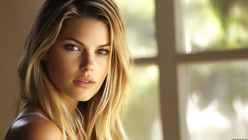 Sunlit blonde gaze pausing softly beside a quiet window.