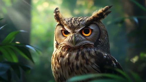 Majestic owl with piercing eyes in lush forest, photorealistic style.