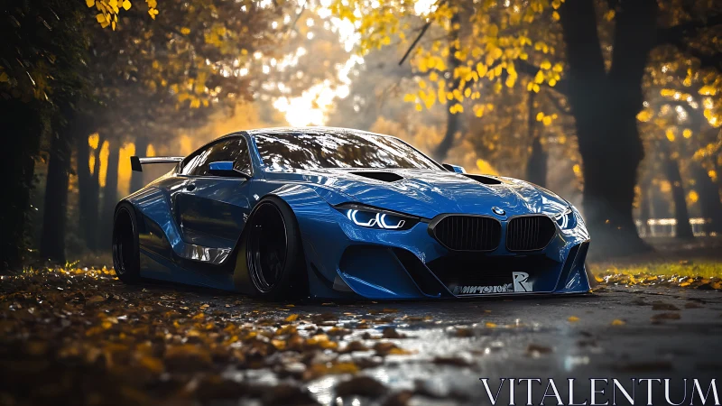 Blue widebody sports car resting under golden autumn trees.