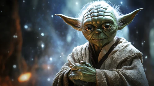 Wise green alien master stands in soft cosmic glow