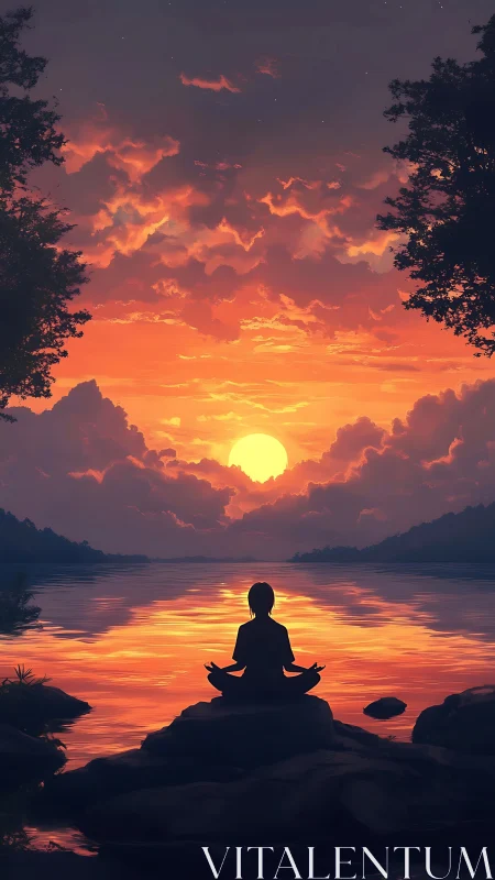 Sunset meditation by a glowing lake of calm and color.