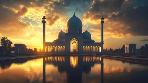 Sunlit domed mosque reflects symmetrically in calm water