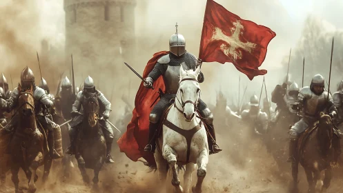 Armored knight leads cavalry charge with crimson war banner.