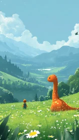 Tiny explorer and orange dino roam a cloud-draped valley.