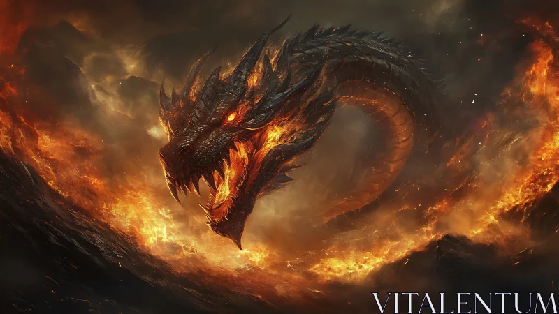 Fire-breathing dragon emerging from burning lava storm.