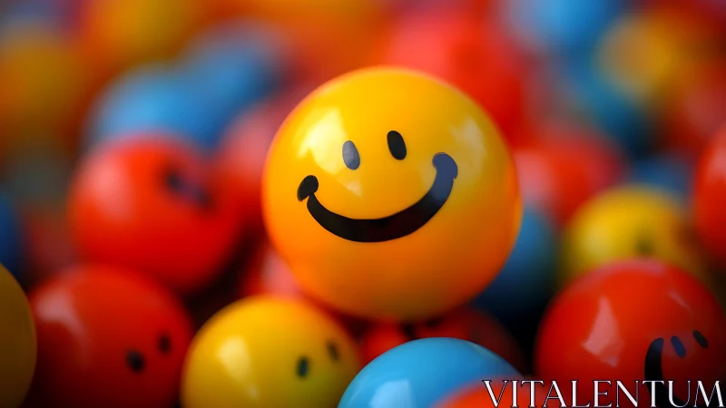 Vibrant yellow smiley sphere amid colorful bokeh balls.