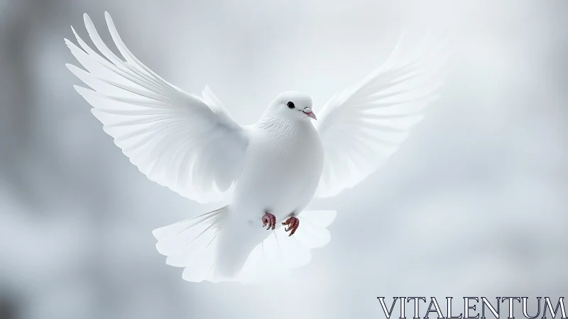 White dove in flight against soft background, ethereal style.