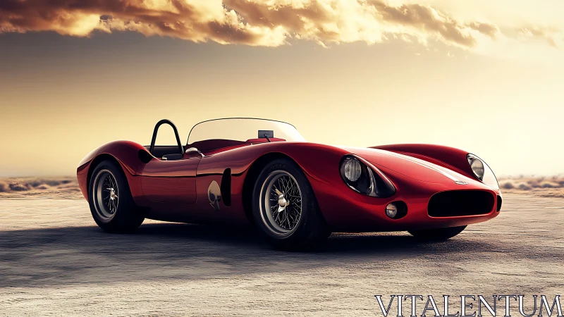 Scarlet vintage roadster under cinematic sunset sky.