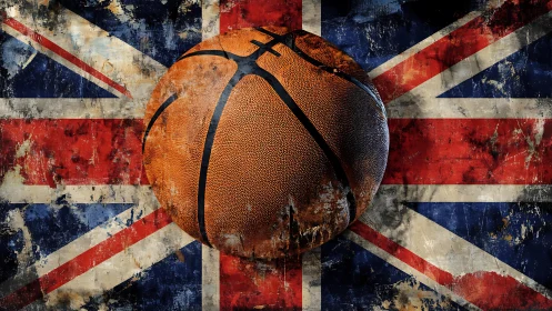 Bold basketball symbol emerges over grunge Union Jack flag