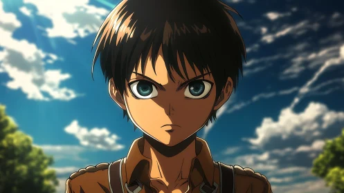 Determined anime hero standing strong under bright skies.