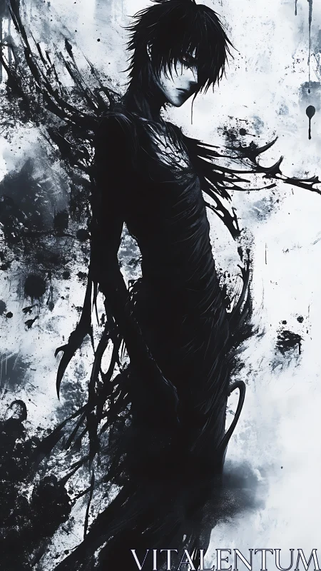 Shadowborn figure rises through ink-splattered monochrome void.