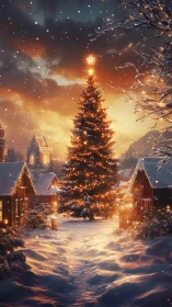 Snowy village Christmas tree glows under a golden sky.