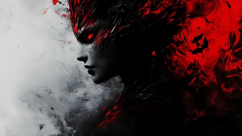 Profile view shows dark humanoid figure amid red abstraction