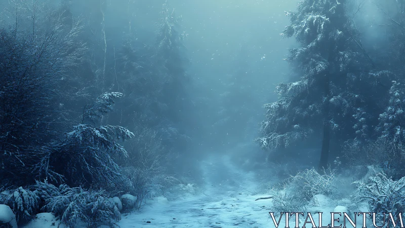 Softly lit winter forest path wrapped in quiet mist.