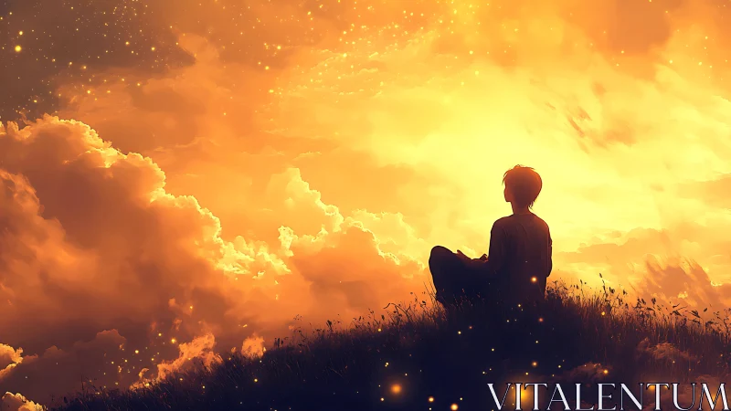 Solitary dreamer bathed in a sky of molten starlight.