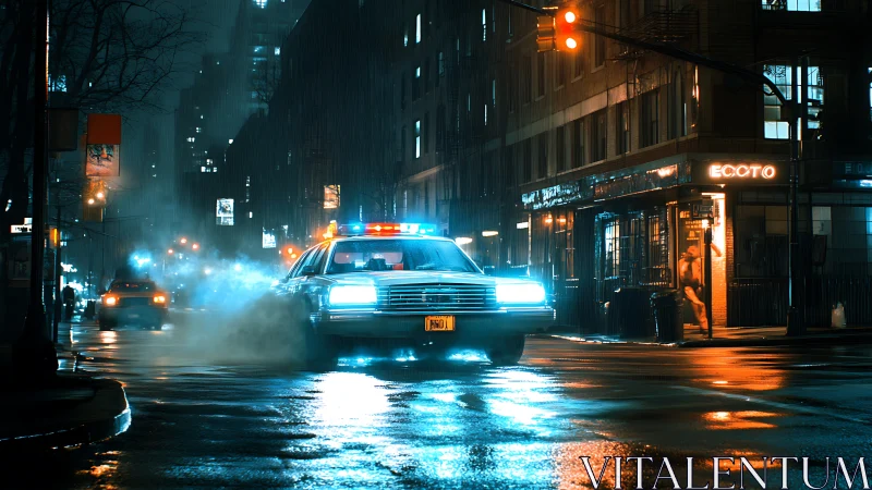 Neon-illuminated patrol sedan in rain-soaked urban intersection.