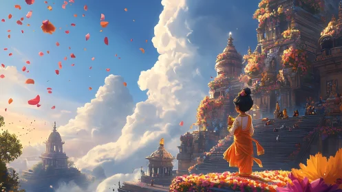 Child observes tiered temple complex amid drifting petals