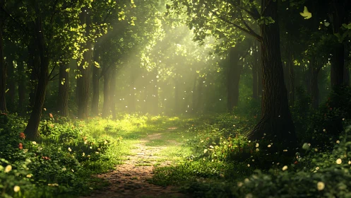 Sunlit Forest Path with Lush Greenery in Magical Realism Style.