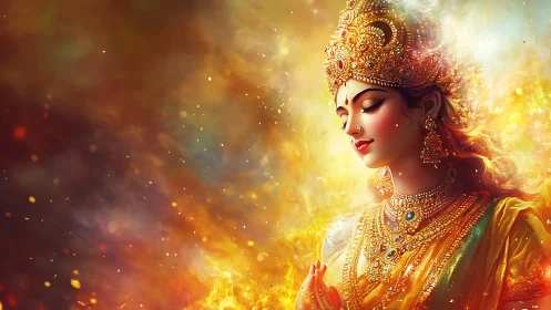 Digital depiction of jeweled female deity amid warm radiance.
