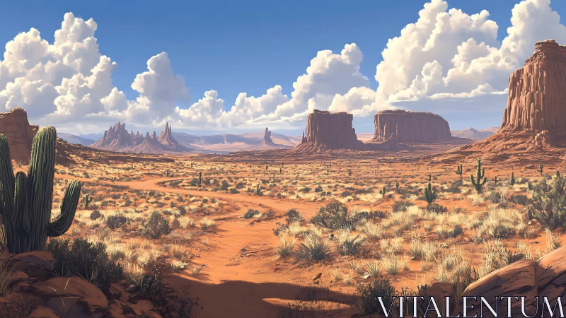Southwestern desert panorama with buttes, cacti and cumulus clouds