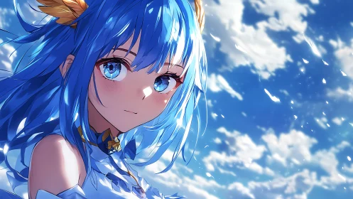 Blue haired anime girl in bright sky closeup portrait.