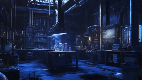Dim blue sci fi laboratory interior with workstations.