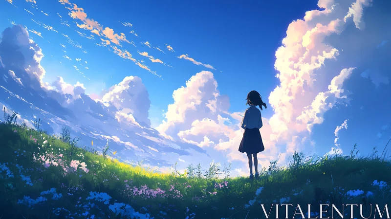 Girl on sunlit hill gazes into vast, cloud-filled sky.