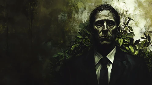 Forlorn suited figure framed by invasive verdant foliage.