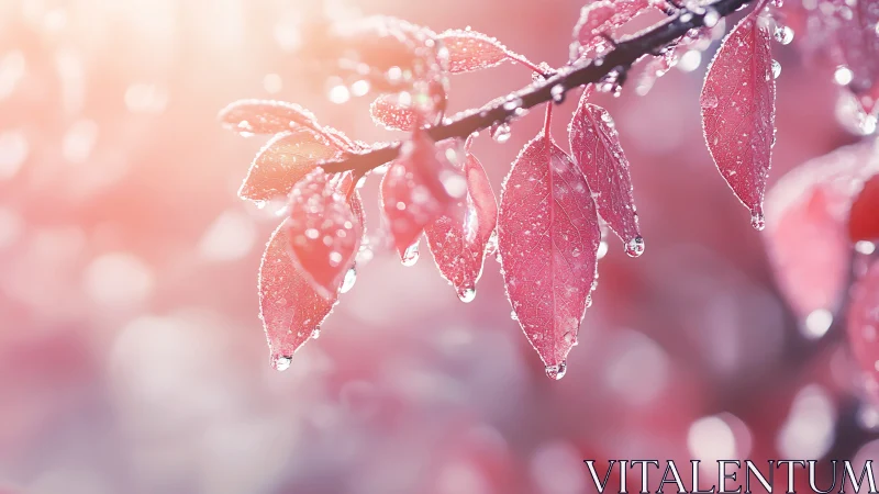 Glowing pink foliage with morning dew in dreamy bokeh light.