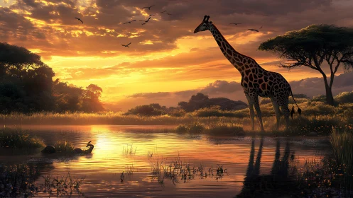 Giraffe pauses at emberlit river as savanna sky catches fire.