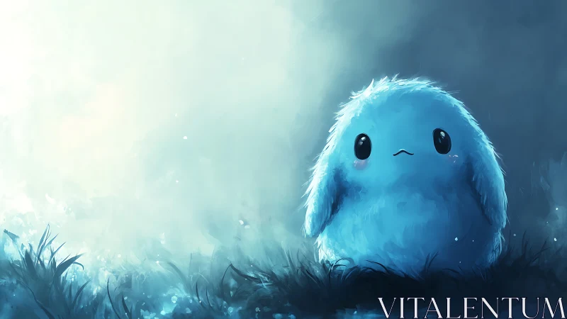 Fluffy blue creature sits in glowing misty meadow clearing