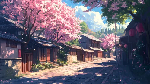 Cherry blossom lane with wooden machiya under directional spring light