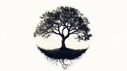 Surreal Floating Tree with Exposed Roots on Minimalist Background.